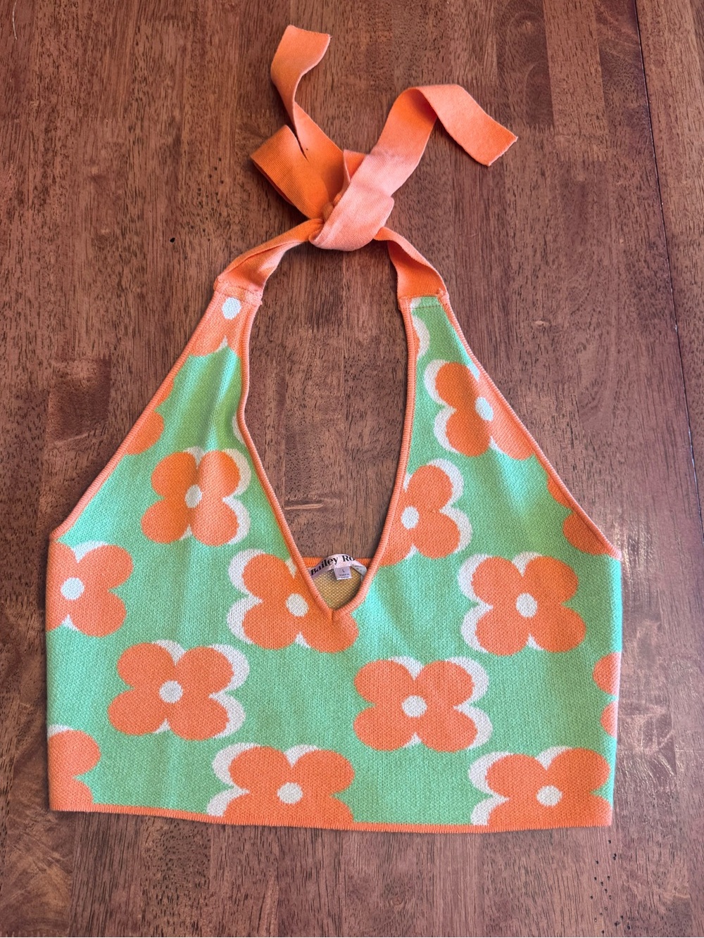 Bailey Rose Sweater-Knit Flower Pattern Halter Top in orange and green, large